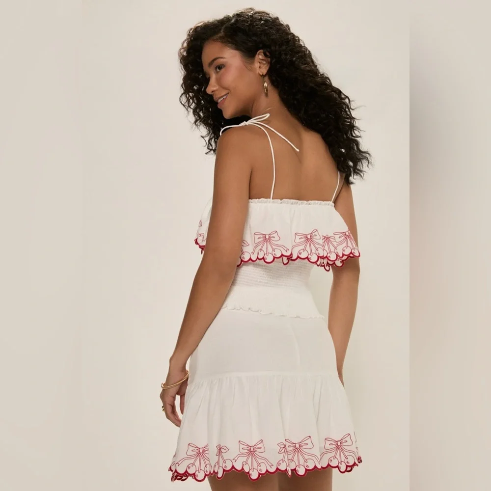 Francescas Margarita Cherry Embroidered 2 Piece Set Top and Skirt White Red Med
